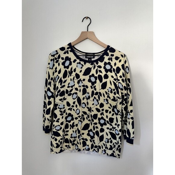 Lands End Floral Sweater Sz Medium 100% Supima Cotton Cream & Navy Top - Picture 7 of 8